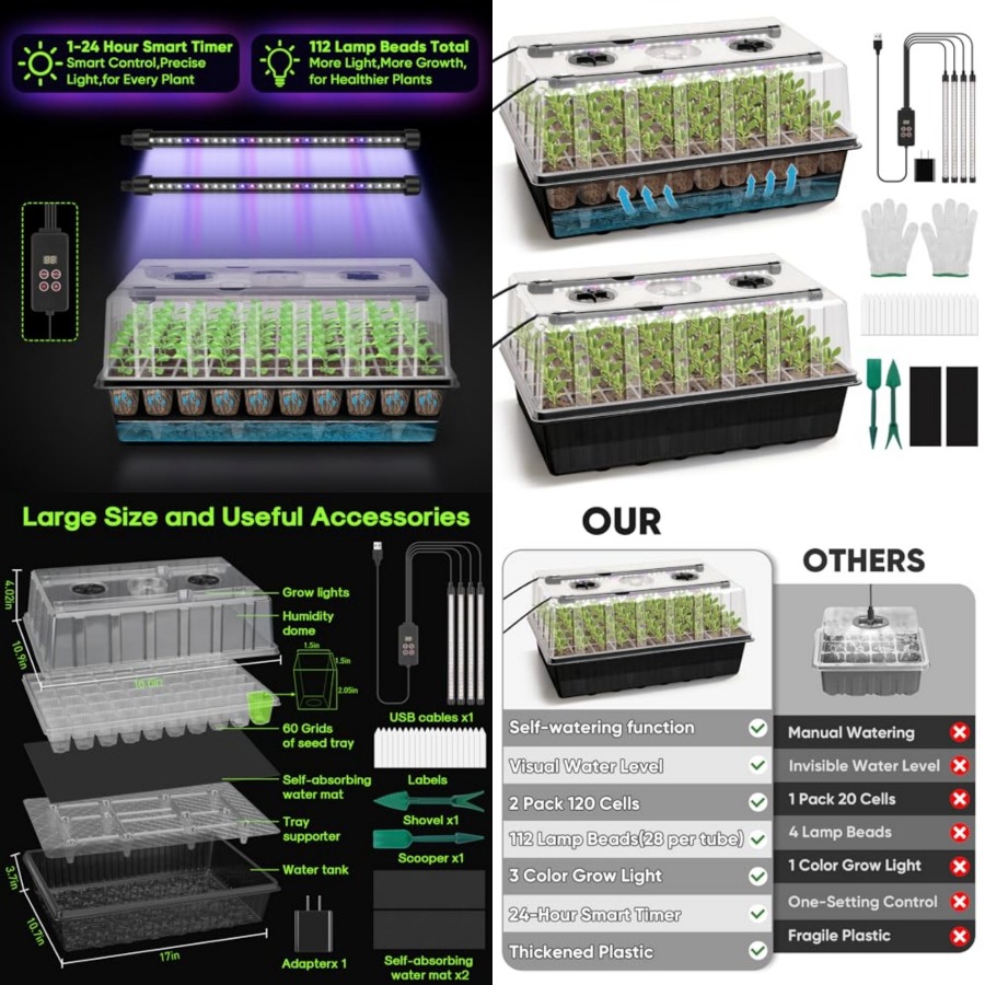 Humidity Dome Kit - 120セル自動給水式種子スタータートレイ（育成ライト、1～24時間タイマー付き）、4.02インチ湿度ドーム付き種子スターターキット、苗トレイ