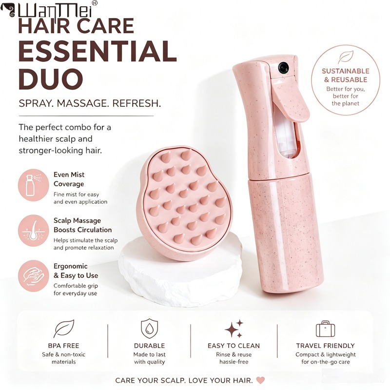Misting Bottle Fine - ヘアケアセット 詰め替え式ファインミストスプレーボトル＆ソフトシリコン頭皮マッサージシャンプーブラシ 携帯用トラベルヘア＆頭皮ケアキット