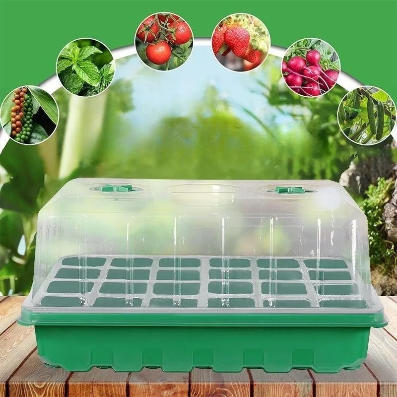 Humidity Dome Kit - 1/5ピース苗トレイキット - 24セル温室スターター（湿度ドームとベース付き）、緑色のプラスチック製繁殖トレイ