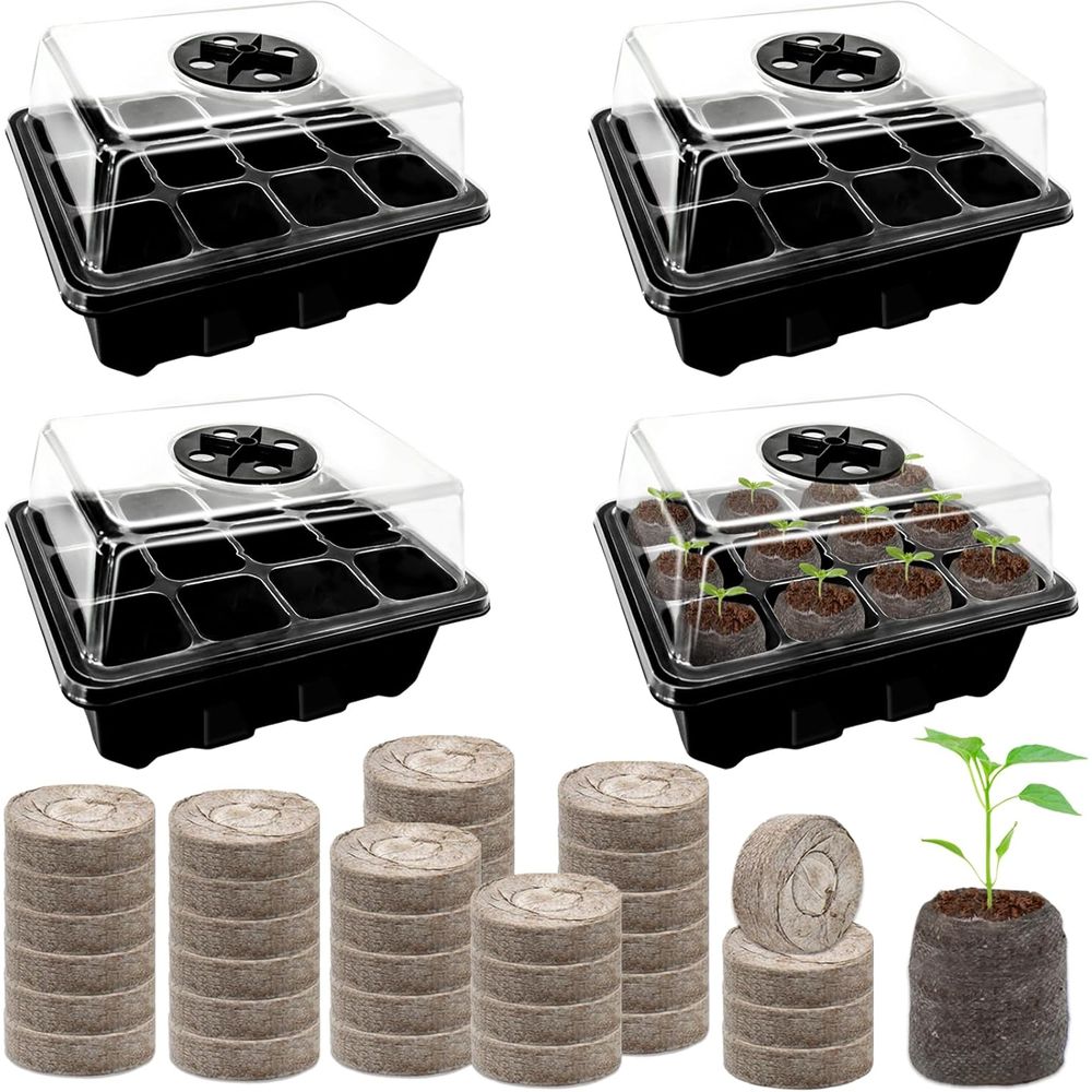 Peat Pellet Tray - 4パックの種まきトレイ（50個のピートペレット付き）、48セルの黒色種まきトレイまたは植物用有機種まき土ポッド