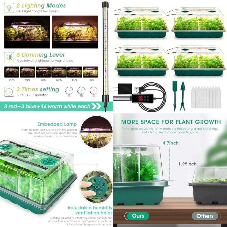 Humidity Dome Kit - 育苗トレイ（育成ライト付き）、192セル種子スターターキット、湿度ドーム付き苗スタータートレイ、自動タイマー、調整機能付き